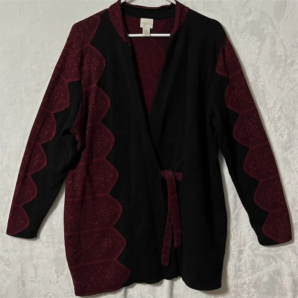 Chico's Women's Cardigan Sweater Size (XL) Black & Red Knit Long Sleeve